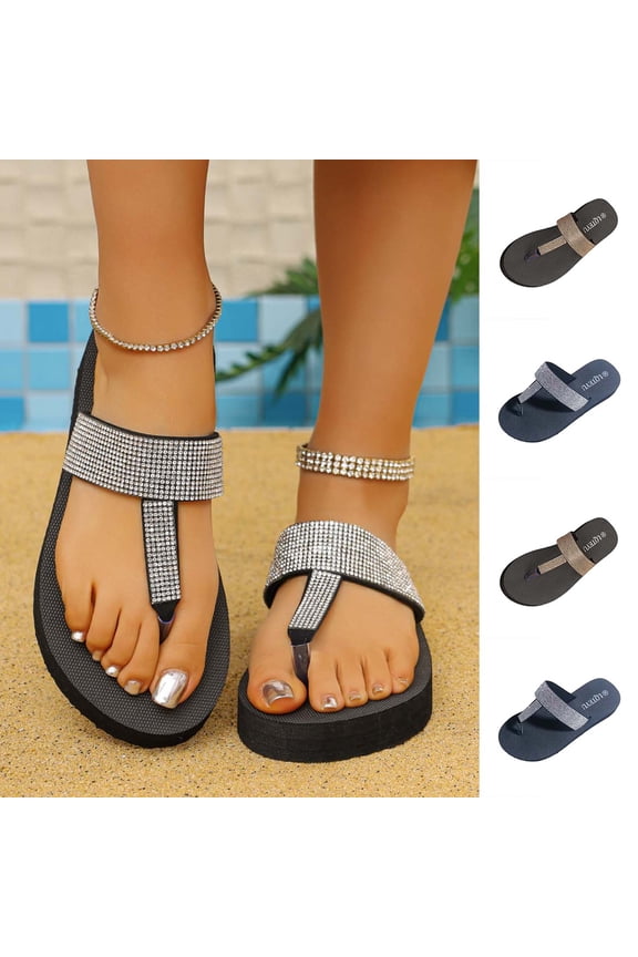 Women's Beach Wedge Sandals Rhinestone Toe Post Round Toe Open Toe Thick Sole Summer Vacation Travel Flip Flops