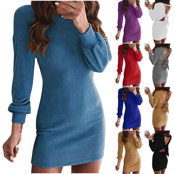 YHAJDS Women's Casual Dress,Casual Dress Long Sleeve Dress Solid Color Crew Neck Waist Cinched Bodycon Knit Dress Back Detail Women Midi Dresses Fall Comfortable Wear