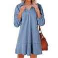 thumbnail image 1 of YHAJDS Women's Casual Dress,Casual Dress with Sleeves Women's V Neck Plaid Print 3/4 Sleeve Sleeve Denim Dress Chest Pocket Fall Style, 1 of 5