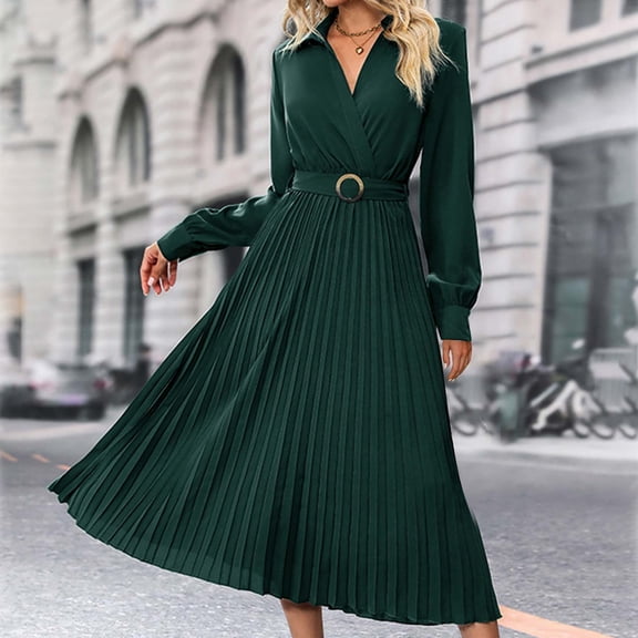 YHAJDS Women's Casual Dress,Fall Dresses for Women Long Sleeve V Neck Solid Color Ruffled Mid Calf Length Casual Comfortable Midi Dress