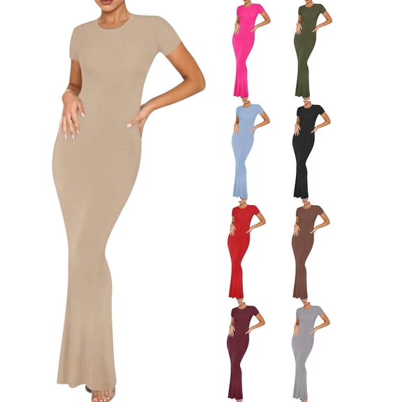 YHAJDS Women's Casual Dress,Fall Dresses for Women Short Sleeve Crew Neck Solid Color Slim Elegant Midi Dress Casual Winter Versatile Style