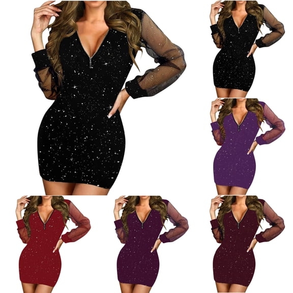 YHAJDS Women's Casual Dress,Long Sleeve V Neck Dress for Women Fall Winter Sequined Mesh Midi Dress Elegant Suitable for Holiday Party Formal Comfortable Breathable Fabric