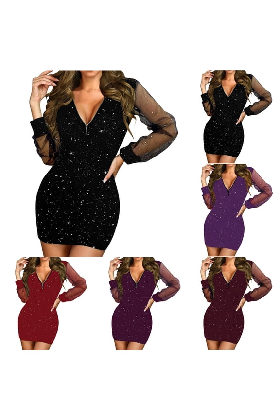 Women's Casual Dress,Long Sleeve V Neck Dress for Women Fall Winter Sequined Mesh Midi Dress Elegant Suitable for Holiday Party Formal Comfortable Breathable Fabric