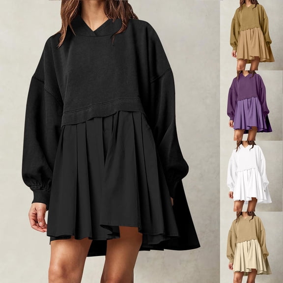 YHAJDS Women's Casual Dress,Plus Size Dresses Casual Long Sleeve Dresses for Women Hooded Sweatshirt Midi Dress Crew Neck Knee Length Loose Comfortable Wear