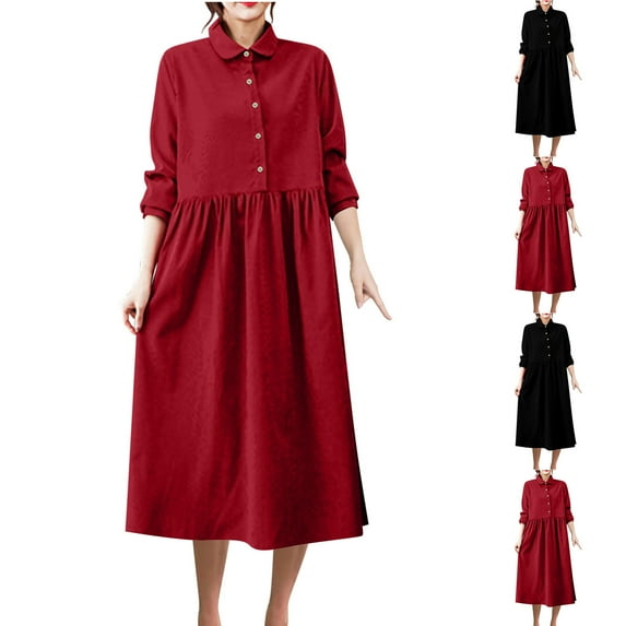 YHAJDS Women's Casual Dress,Plus Size Dresses Long Sleeve Lapel Solid Color Corduroy Warm Casual Maxi Dress Loose Style Fall Winter Wear