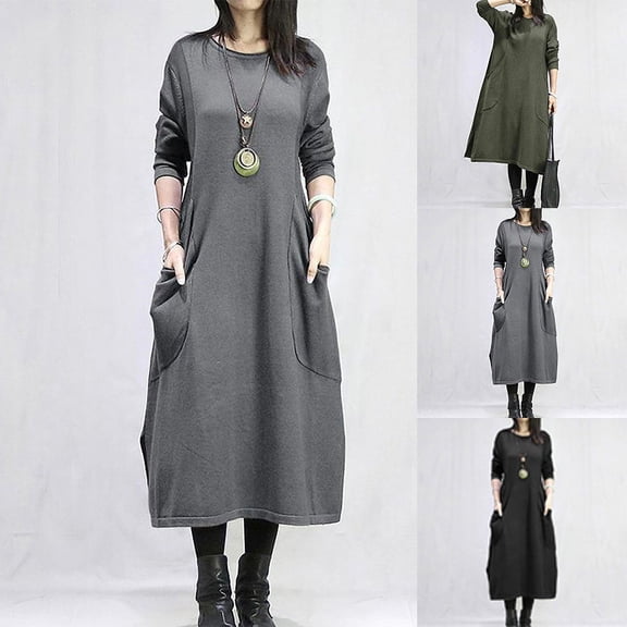 YHAJDS Women's Casual Dress,Winter Long Sleeve Midi Dress Casual Dress Solid Color Round Neck Fleece Sweatshirt Dress Long Sleeve Warm for Fall Women Daily Wear