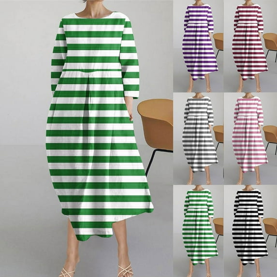 YHAJDS Women's Casual Dress,Women Midi Dresses Long Sleeve Dress Print Round Neck Mid Calf Length Dress Casual Fashionable Winter Long Sleeve Midi Dress Loose Comfortable