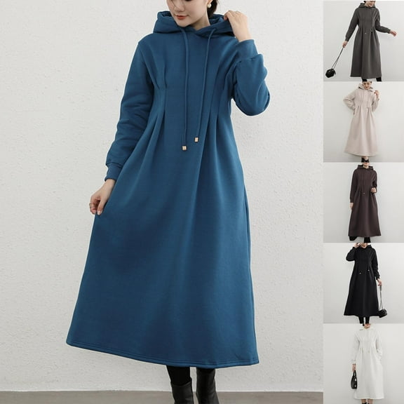 YHAJDS Women's Casual Dress,Women's Dresses Long Sleeve Midi Dress Solid Color Hooded Dress with Pockets Waist Cinching Contrast Stitching Casual Fall Dresses for Women