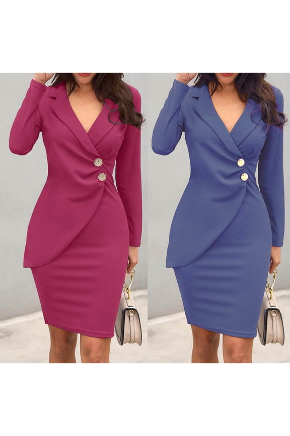 Women's Casual Dress,Women's Dresses Winter Long Sleeve Midi Dress Solid Color V Neck Slim Knee Length Fall Dresses for Women Elegant Work Dress