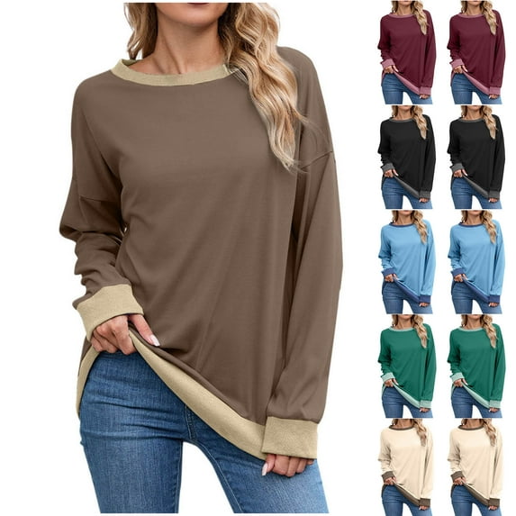 YHAJDS Women's Casual Long Sleeve Sweatshirt Solid Color Round Neck Color Block Ribbed Loose Shirt Top For Fall Winter