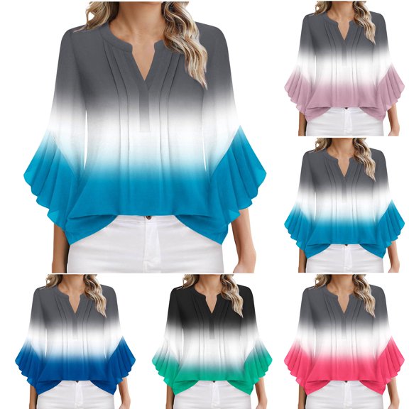 YHAJDS Women's Casual Long Sleeve Tops Solid Color Spring Summer Gradient Color Quarter Sleeve V Neck Top Casual Top