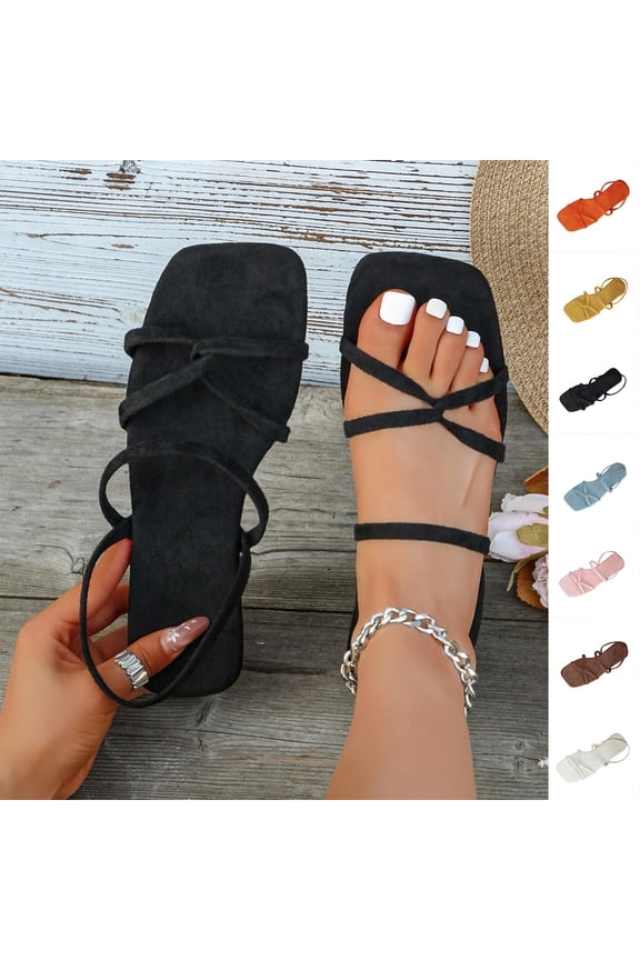 Women's Casual Sandals Square Toe Minimalist Strappy Flat Comfort Shoes Summer Vacation Walking