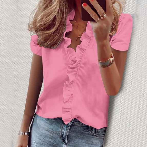 YHAJDS Women's Casual Tops V Neck Short Sleeve Solid Color Button Front Tee Blouse