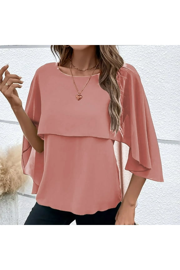Women's Chiffon Tops Flowy Cape Sleeve Round Neck Solid Top