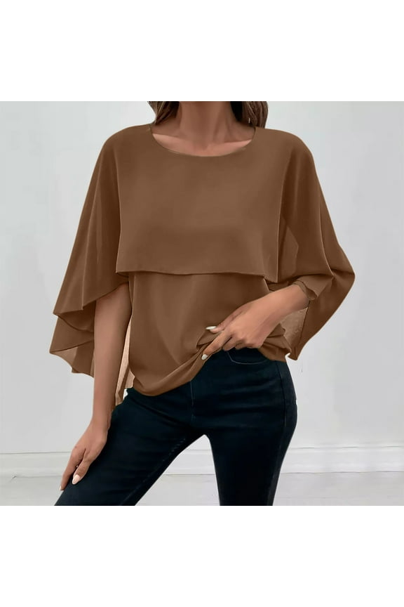 Women's Chiffon Tops Flowy Cape Sleeve Round Neck Solid Top