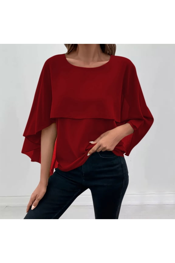 Women's Chiffon Tops Flowy Cape Sleeve Round Neck Solid Top