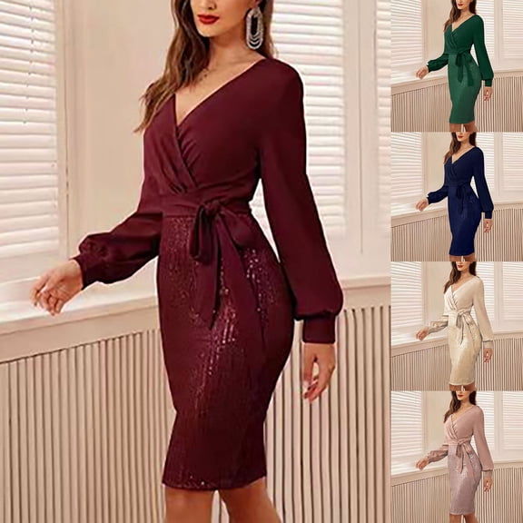 YHAJDS Women's Dresses Long Sleeve Dress Solid Color V Neck Knee Length Casual Dress Fall Dresses for Women Elegant Slim Comfortable Fabric Suitable for Fall Winter Daily or Semi Formal