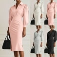 thumbnail image 1 of YHAJDS Women's Fall Winter Casual dress,Fall Dresses for Women Women's Dresses Solid Color Lapel Long Sleeve Slim Fitted High Waist Ruched Knee-Length Dress, 1 of 5
