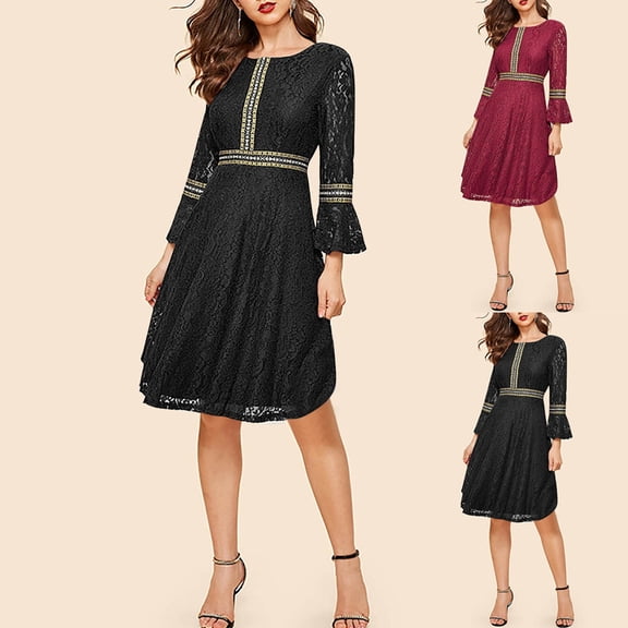 YHAJDS Women's Fall Winter Casual dress,Long Sleeve Dress Print Color Block Ethnic Style Round Neck 3/4 Sleeve Midi Dress Unique Pattern Suitable for Cultural Events And Casual Outings for Fall