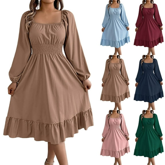 YHAJDS Women's Fall Winter Casual dress,Winter Long Sleeve Midi Dress Women's Dresses Long Sleeve Dress Solid Color Square Neck Dress with Ruffles High Waist A-line Casual Long Sleeve Dresses