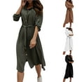 thumbnail image 1 of YHAJDS Women's Fall Winter Casual dress,Women's Dresses Casual Dress Fall Dresses For Women Solid Color Collared Button Waist Tie Long Sleeve Midi Dress Casual Long Sleeve Dresses For Women, 1 of 5