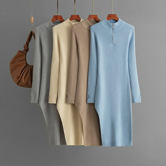 YHAJDS Women's Fall Winter Casual dress,Women's Dresses Casual Long Sleeve Dresses for Women Solid Color Round Neck Loose Knit Pullover Asymmetrical Side Split Bodycon Dress