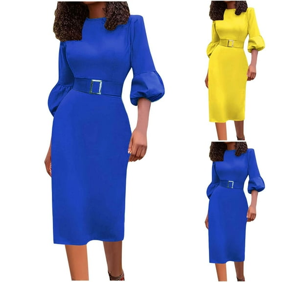YHAJDS Women's Fall Winter Casual dress,Women's Dresses Fall Dresses for Women Long Sleeve Dress Solid Color Round Neck 7 Quarter Puff Sleeve Belted Slim Dress