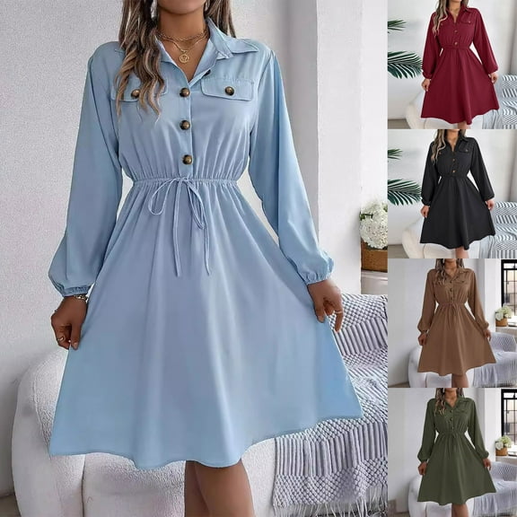 YHAJDS Women's Fall Winter Casual dress,Women's Dresses Long Sleeve Dress Solid Color Button Tie Waist Collared Casual Winter Mid Length Loose Warm Daily Dresses