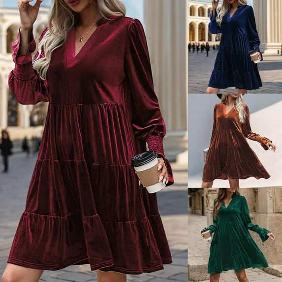 YHAJDS Women's Fall Winter Casual dress,Women's Dresses Long Sleeve Dress Solid Color Fabric V Neck Knee Length Midi Dress Warm Material Suitable for Cool Days And Indoor Activities for Fall