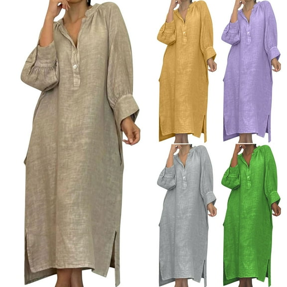 YHAJDS Women's Fall Winter Casual dress,Women's Dresses Long Sleeve Dress Solid Color V-neck Maxi Dress with Buttons Pockets for Women Elegant Casual Long Sleeve Long Dress for Women