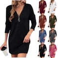 thumbnail image 1 of YHAJDS Women's Fall Winter Casual dress,Women's Dresses Long Sleeve Dress Solid Color V-neck Zipper Ribbed Brushed Fabric Dress for Women Full Zipper Front Stretchy Ribbed Fabric for Easy On Off, 1 of 5