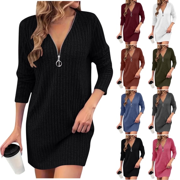 YHAJDS Women's Fall Winter Casual dress,Women's Dresses Long Sleeve Dress Solid Color V-neck Zipper Ribbed Brushed Fabric Dress for Women Full Zipper Front Stretchy Ribbed Fabric for Easy On Off