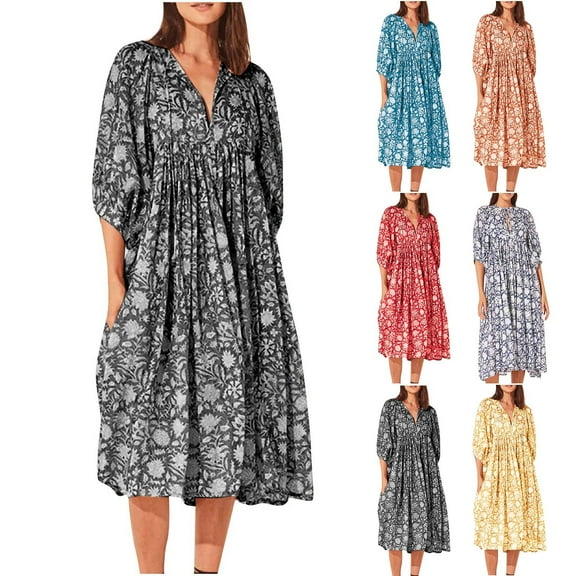 YHAJDS Women's Fall Winter Casual dress,Women's Dresses Long Sleeve V-Neck Printed Floral Casual Midi Dress