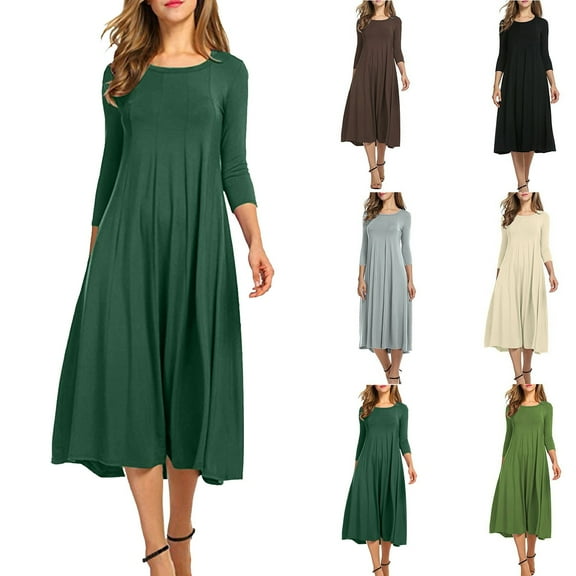 YHAJDS Women's Fall Winter Casual dress,Women's Dresses Midi Dress Long Sleeve Dress Solid Color Round Neck 3/4 Sleeve Flared Dress Elegant Fashion Casual Dress with Sleeves Fall Dresses for Women
