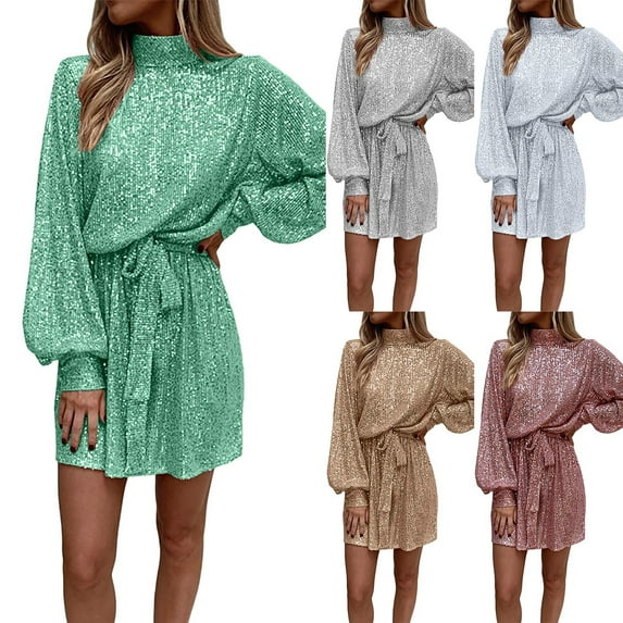 YHAJDS Women's Fall Winter Casual dress,Women's Dresses Solid Color Fall Dresses For Women Long Sleeve Evening Gown With Sequins Backless Tie Waist