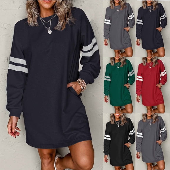 YHAJDS Women's Fall Winter Casual dress,Women's Dresses Solid Color Round Neck Drop Shoulder Long Sleeve Pullover Style With Pockets Striped Color Block Sweatshirt Midi Dress Cozy Fabric for Fall