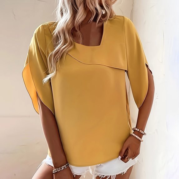 YHAJDS Women's Fashion Shirt Tops Asymmetric Neck Quarter Sleeve Elegant Loose Casual Spring Blouse