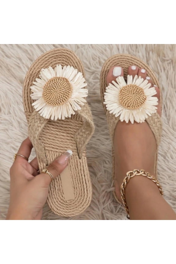 Women's Flat Sandals Jute Rope Floral Embellishment Toe Post Beach Comfort Slides Summer Vacation Slippers