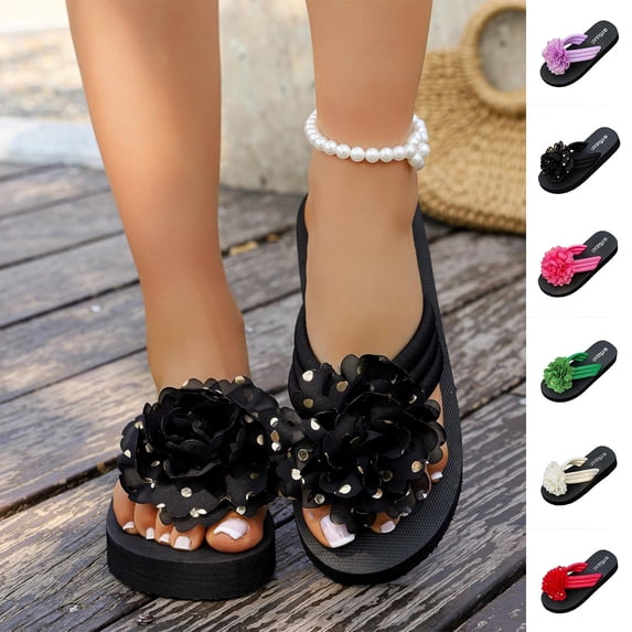 YHAJDS Women's Flip Flops Slippers Toe Post Floral Embellishment Comfort Flat Sandals Summer Vacation Outdoor Shoes