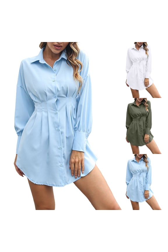 Women's Formal Short Dresses Solid Color Long Sleeve Shirt Dress with Belted Waist