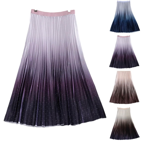 YHAJDS Women's High Waisted Midi Skirts Gradient Rhinestone Pleated Flared Skirt Summer Women