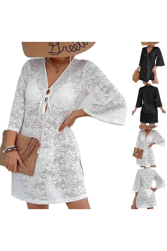 Women's Knit Swimwear Coverup Dress Long Sleeve Mesh Deep V Neck Loose