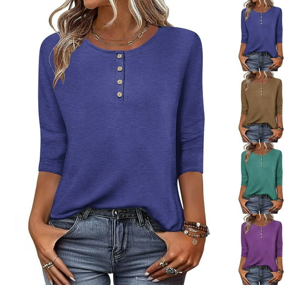YHAJDS Women's Long Sleeve Tops Solid Color Round Neck Button 3/4 Sleeve Loose T Shirt Top For Fall Winter