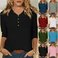 thumbnail image 1 of YHAJDS Women's Long Sleeve Tops Solid Color V Neck 3/4 Sleeve Loose Casual Top With Buttons For Fall Winter, 1 of 5
