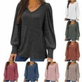thumbnail image 1 of YHAJDS Women's Long Sleeve Tops Solid Color V Neck Loose Sleeve Top With Side Slits For Fall Winter Daily Wear, 1 of 5
