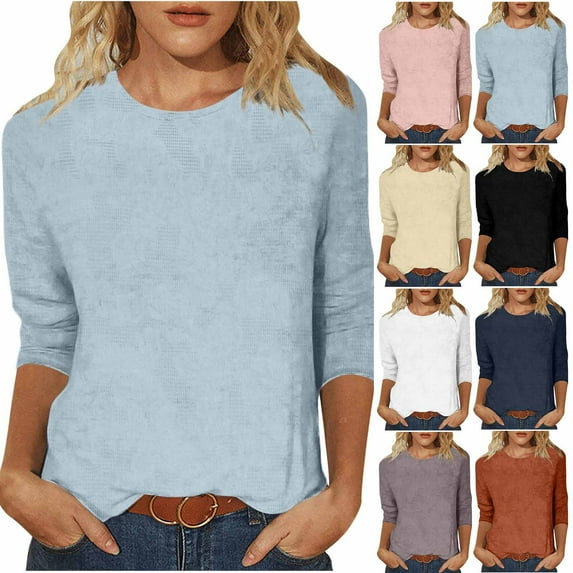 YHAJDS Women's Long Sleeve Tops Women's Casual Long Sleeve Sweatshirt Womens Sweatshirts Blouse Coat Ladies Casual Solid Color Round Neck 3 4 Sleeve T Shirt 3/4 Sleeve Loose Top For Fall And Winter