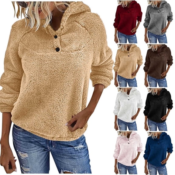 YHAJDS Women's Long Sleeve Tops Womens Casual Long Sleeve Sweatshirt Long Sleeve Hooded Blouse Sweatshirt for Womens Solid Color Long Sleeve Double Fleece Hooded Sweatshirt