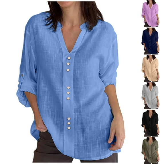 YHAJDS Women's Long Sleeve Tops Womens Sweatshirts Blouse Coat Women's Casual Long Sleeve Sweatshirt Ladies Solid Color V Neck Loose Linen Top With Decorative Buttons For Fall And Winter