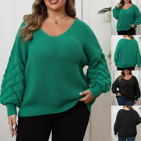 YHAJDS Women's Long Sleeve Tops Womens Sweatshirts Blouse Coat Women's Casual Long Sleeve Sweatshirt Solid Color V Neck Loose Plus Size Knit Pullover Sweater For Fall And Winter