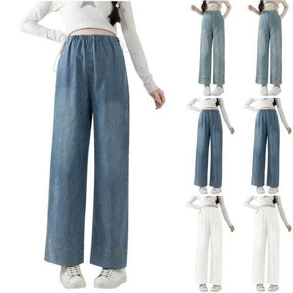 YHAJDS Women’s Maternity Jeans Solid Color Wide Leg Denim Comfortable Straight Leg Cropped Over The Belly Pants